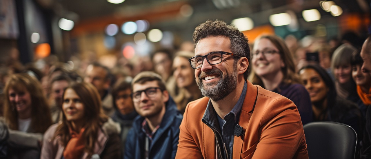 Male attendee of a multiracial technology conference using the microphone to ask a question on the display of an innovative device while seated in the crowd.